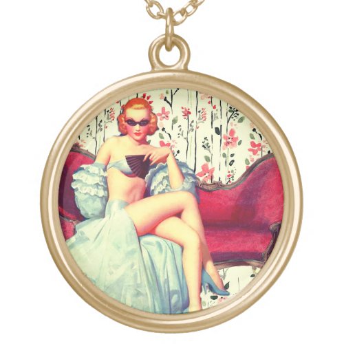 Vintage pin up girl retro southern belle redhead gold plated necklace