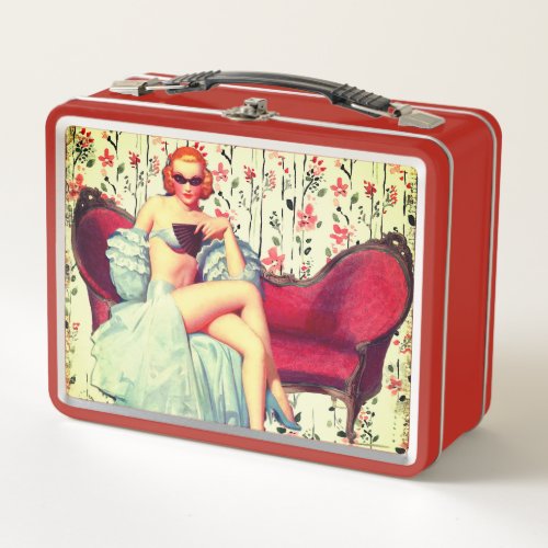 Vintage pin up girl retro southern belle redhead metal lunch box