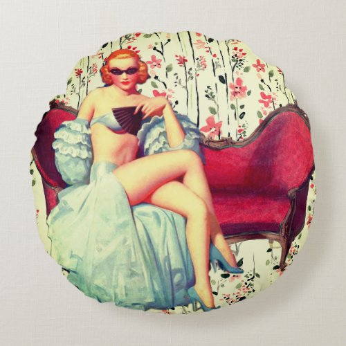 Vintage pin up girl retro southern belle redhead round pillow