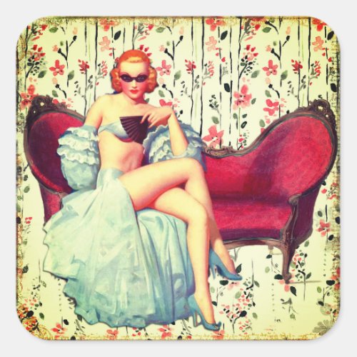 Vintage pin up girl retro southern belle redhead square sticker