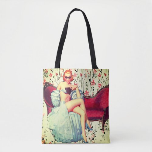 Vintage pin up girl retro southern belle redhead tote bag