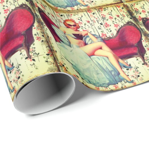 Vintage pin up girl retro southern belle redhead wrapping paper