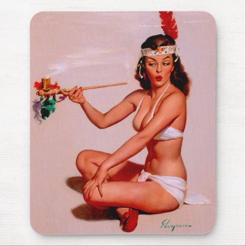 Vintage Pin Up Girl Smoking Peace Pipe Mouse Pad
