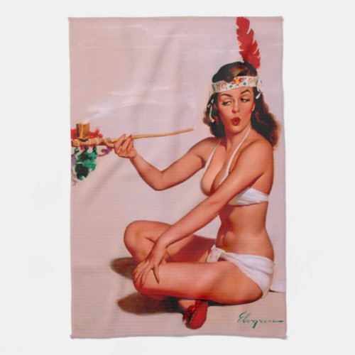 Vintage Pin Up Girl Smoking Peace Pipe Towel