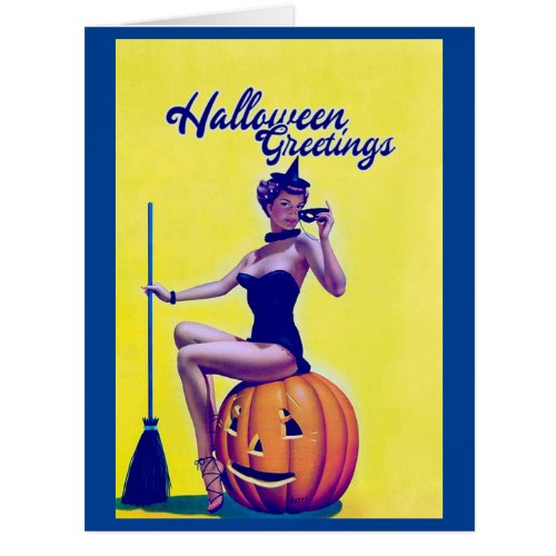 Vintage pin up girl Witch Halloween  Card