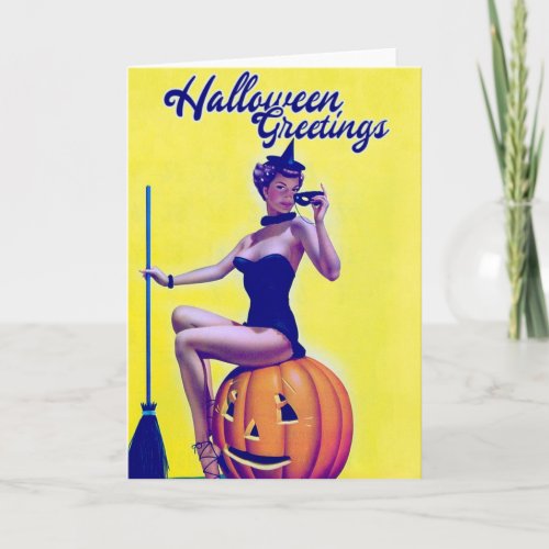 Vintage pin up girl Witch Halloween Greeting Card