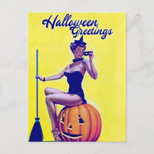 Vintage pin up girl Witch Halloween  Postcard