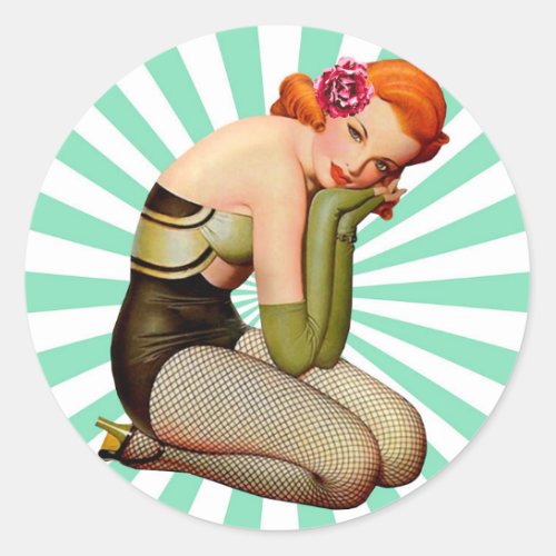Vintage Pin_up girl with rose   Classic Round Sticker