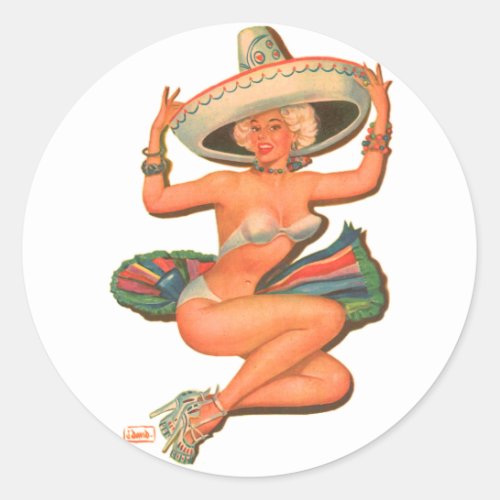 Vintage Pin_Up Hot Salsa Sombrero Girl Classic Round Sticker