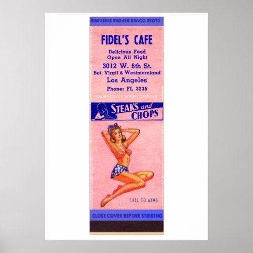 Vintage Pin_Up Matchbook Fidels Cafe Los Angeles Poster