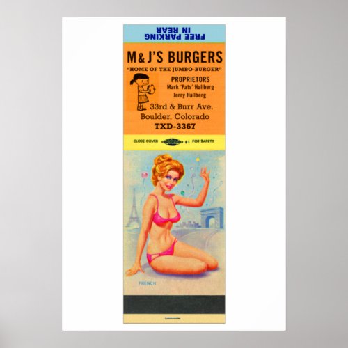 Vintage Pin_Up Matchbook  M  Js Burgers Poster