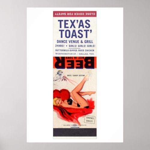 Vintage Pin_Up Matchbook Texas Toast Girls Club Poster