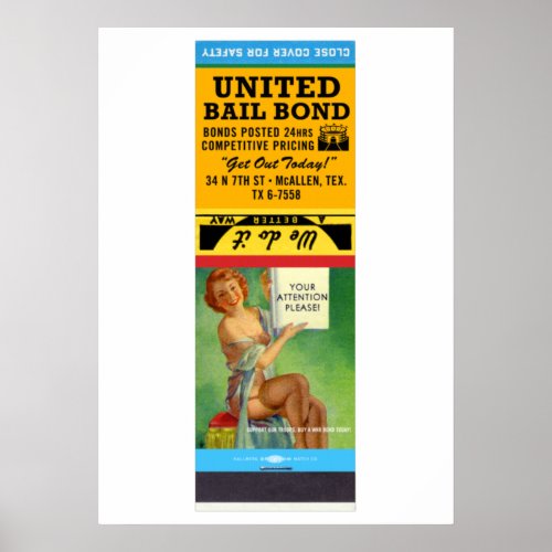 Vintage Pin_Up Matchbook United Bail Bond Poster