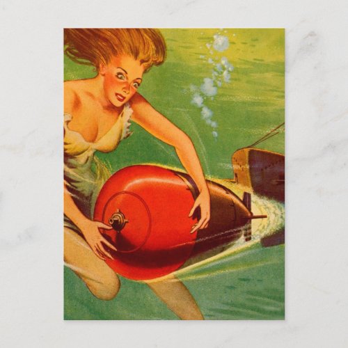 Vintage Pin_Up Mermaid Catches Torpedo Postcard