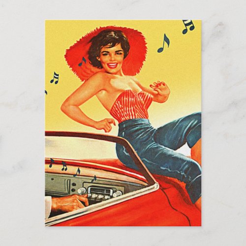 Vintage Pin Up Rock N Roll Car Radio Postcard