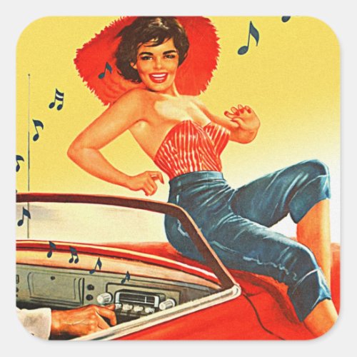 Vintage Pin Up Rock N Roll Car Radio Square Sticker