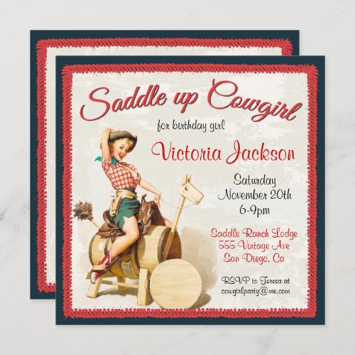 Vintage Pin up Rockabilly Cowgirl Birthday Party Invitation