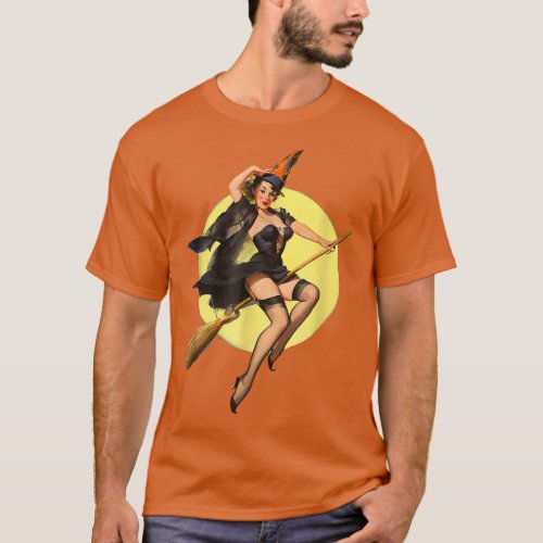 Vintage Pin Up Witch Halloween Pinup Girl Funny Il T_Shirt