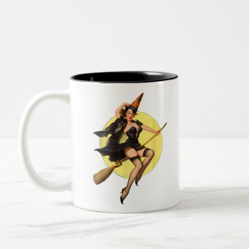 Vintage Pin up Witch Halloween Pinup Girl Funny Il Two_Tone Coffee Mug