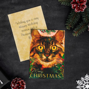 Vintage Pine Branch And Leaf Cat Merry Christmas Holiday Card