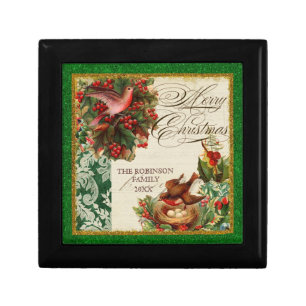 Vintage Pine Cone Bough Damask Dove Chrismas Box