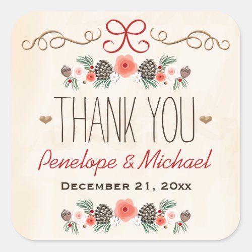 Vintage Pine Cone Christmas Wedding Thank You Square Sticker