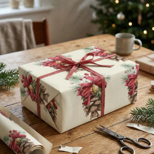 Vintage Pine Cone Red Berries Gift Wrapping Paper