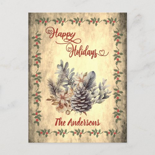 Vintage pine cone Red calligraphy Happy Holidays  Holiday Postcard