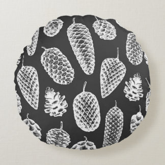 Vintage pine cones, botanical chalkboard. round pillow