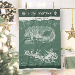 Vintage Pine Santa Sleigh Reindeer Christmas Kitchen Towel