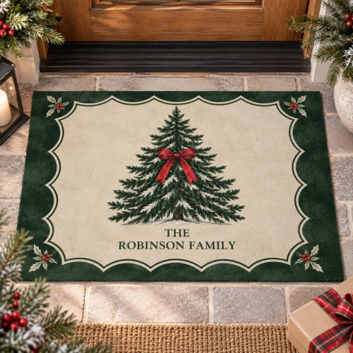 Vintage Pine Tree Custom Family Name Christmas Doormat