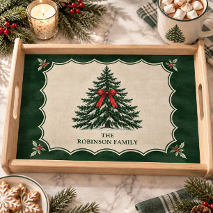 Vintage Pine Tree Custom Family Name Christmas Serving Tray