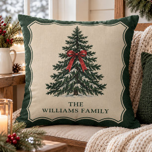 Vintage Pine Tree Custom Family Name Christmas Throw Pillow