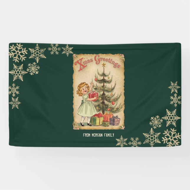 Vintage Pine Tree Little Girls Presents Snowflakes Banner (Horizontal)