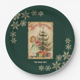Vintage Pine Tree Little Girls Presents Snowflakes Paper Plates