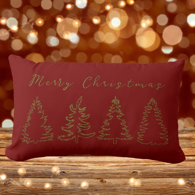 Vintage Pine Tree Rustic Red Christmas Lumbar Pillow (Merry Christmas, Vintage Pine Tree Rustic Red Lumbar Pillow)