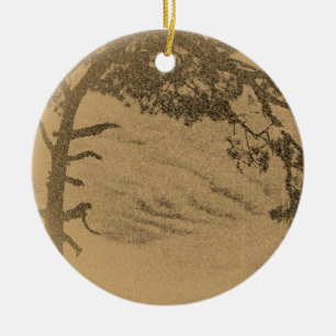Vintage Pine tree silhouette, sunrise Ceramic Ornament