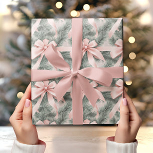 Vintage Pine Tree with Pastel Pink Bow Elegant Wrapping Paper