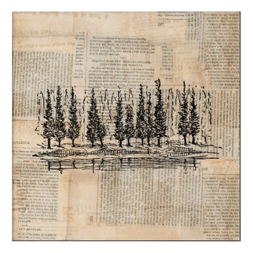 Vintage Pine Trees Nature Scene Newsprint Art