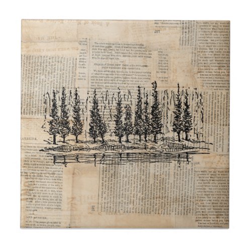Vintage Pine Trees Nature Scene Newsprint Art Ceramic Tile