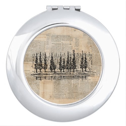 Vintage Pine Trees Nature Scene Newsprint Art Compact Mirror