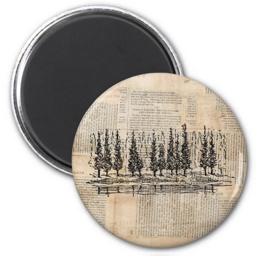 Vintage Pine Trees Nature Scene Newsprint Art Magnet