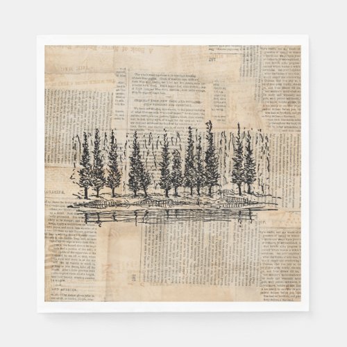 Vintage Pine Trees Nature Scene Newsprint Art Napkins