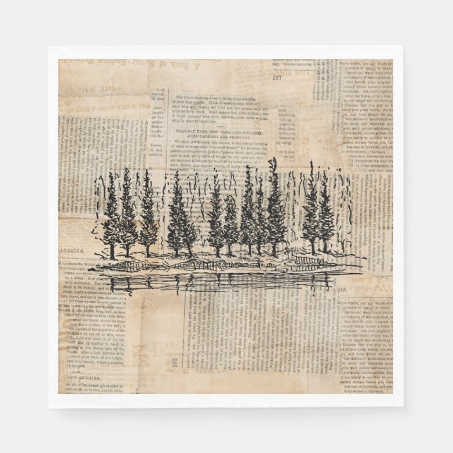 Vintage Pine Trees Nature Scene Newsprint Art Napkins (Front)