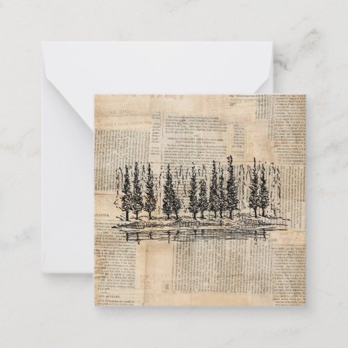 Vintage Pine Trees Nature Scene Newsprint Art Note Card