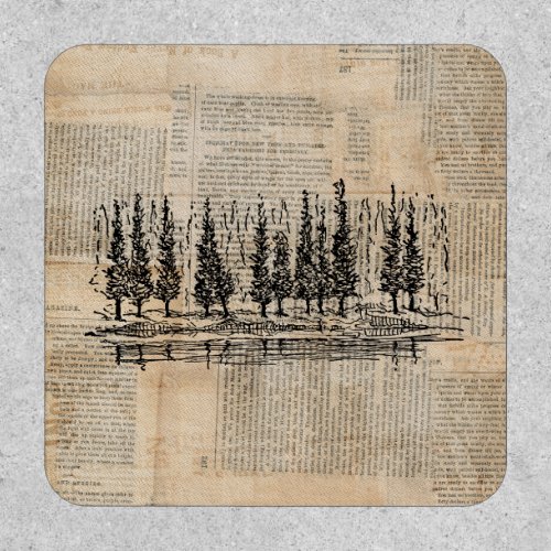 Vintage Pine Trees Nature Scene Newsprint Art Patch