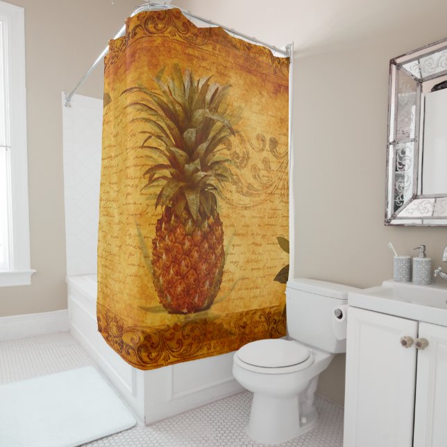 Vintage Pineapple and Calligraphy Art Shower Curtain (In Situ)