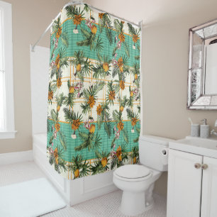 Vintage Pineapple and Floral Checkered Shower Curtain
