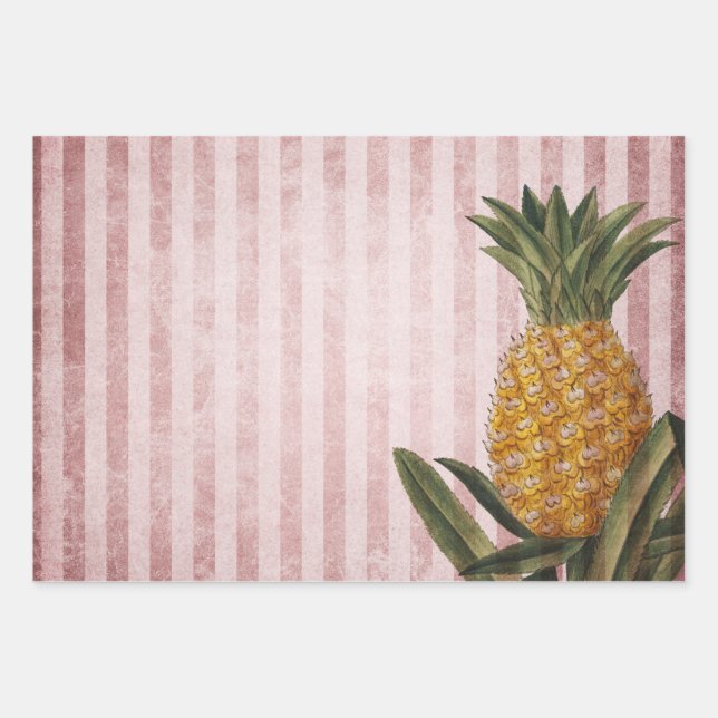 Vintage Pineapple and Pink Stripes Wrapping Paper Sheets (Front)