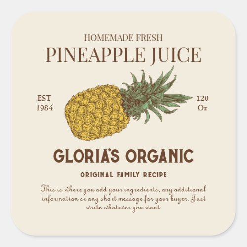 Vintage Pineapple Fruit Juice Custom Product Label